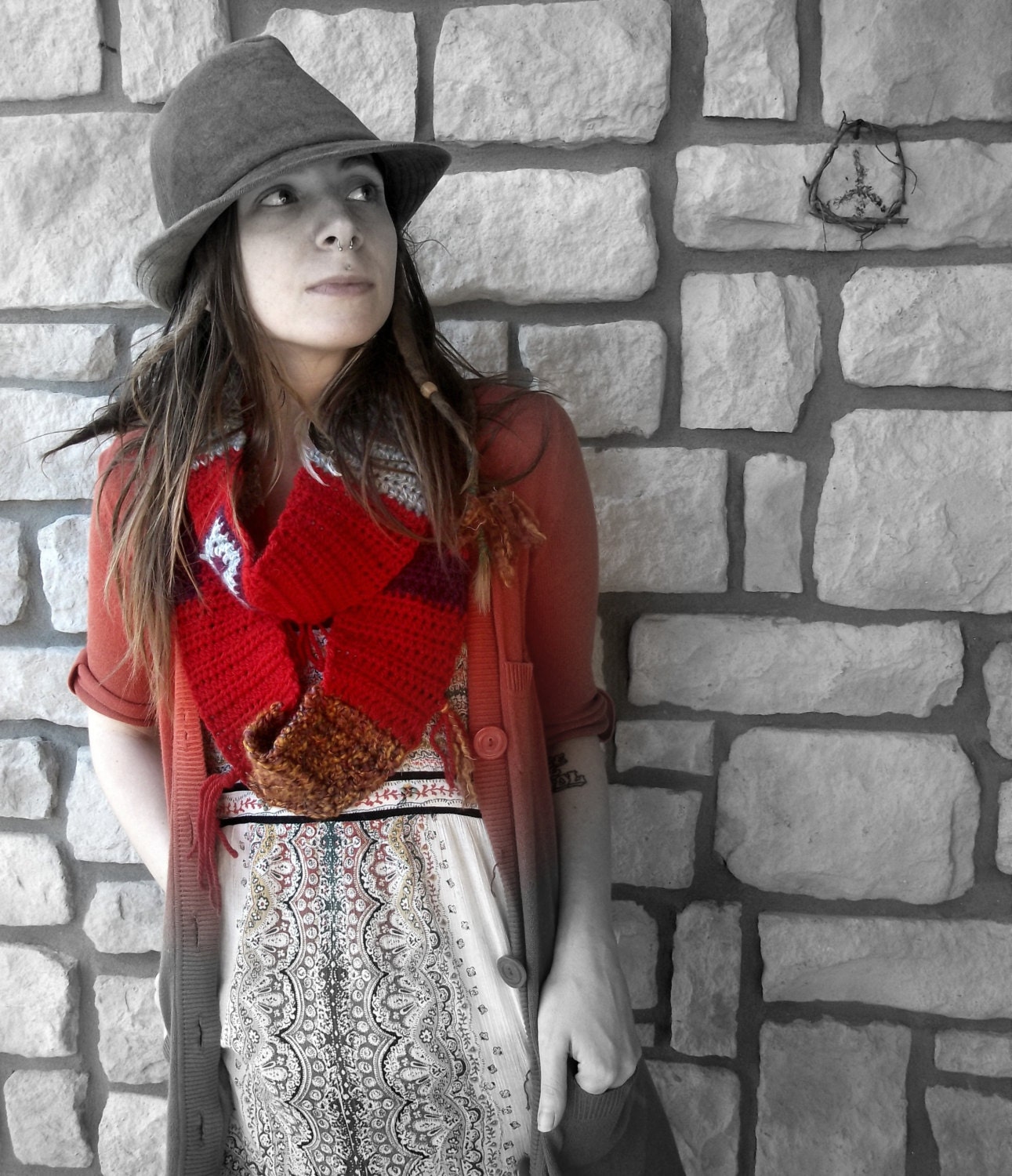 Red Romance Infinity Scarf / Valentine's Day Crochet Patchwork Scarf in Red / Unique Scarf
