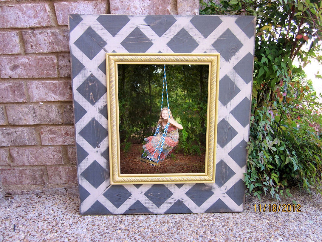11x14 Distressed Picture Frame, Lattice print, Dark Gray / Linen / Yellow Ochre
