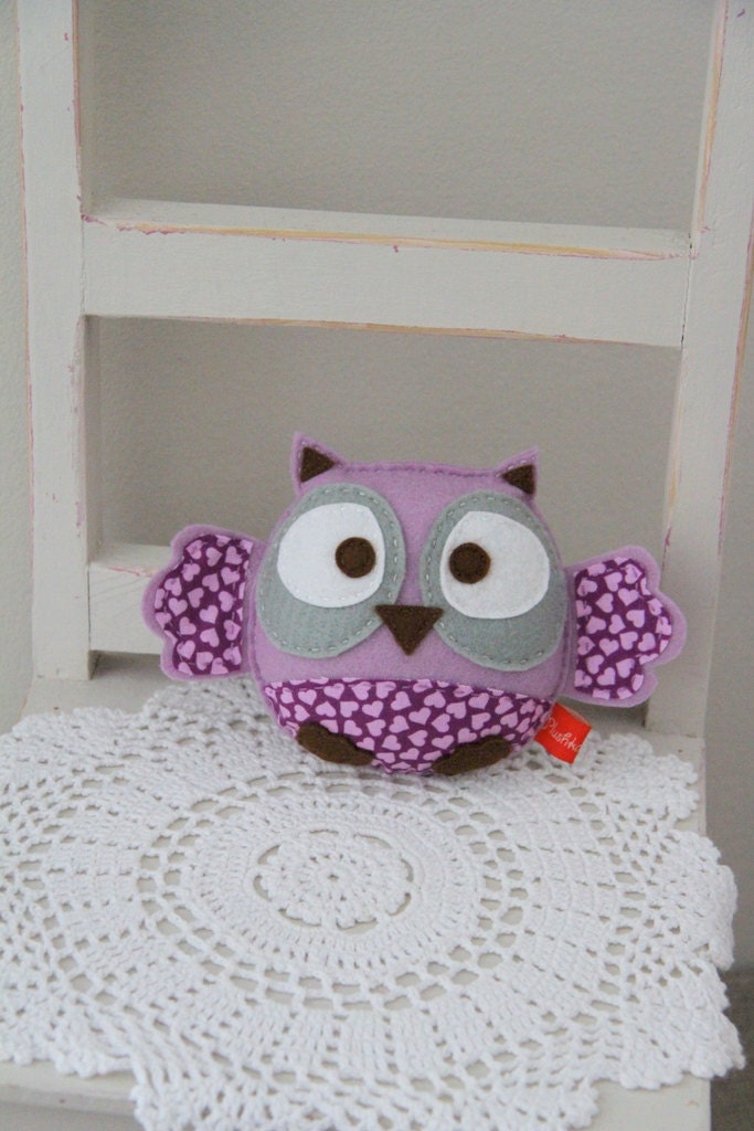 Owl felt softie in lilac purple with love hearts, softie, nursery, newborn gift