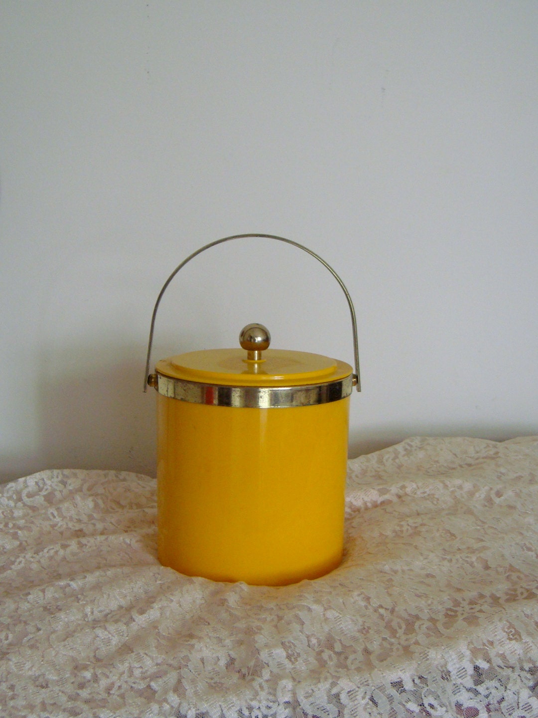 70s Bright Yellow Plastic Thermal Ice Bucket Wine Chiller with Gold Trim and Handle
