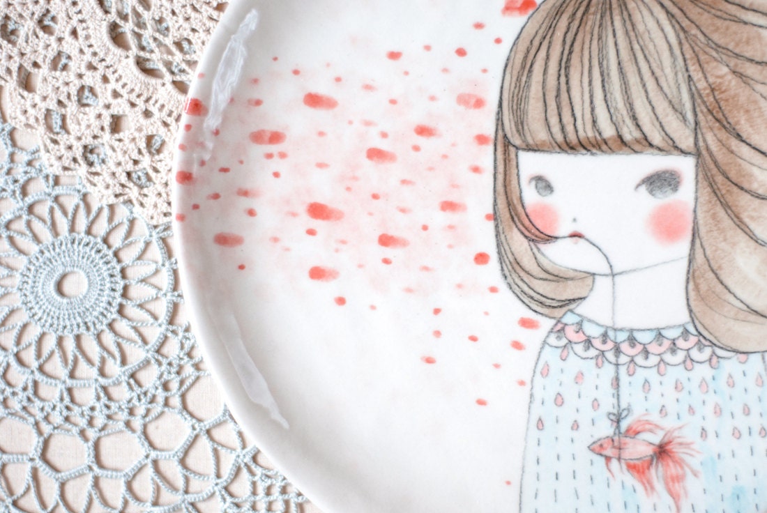 I HAD A BETA FISH hand painted original illustration plate by Min Lee