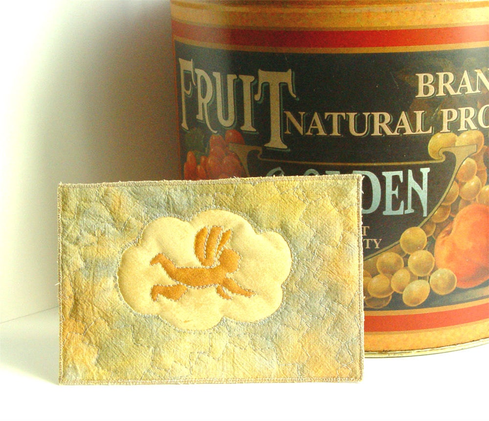 Little Angel, art card, textile postcard, golden angel, quilted painted, fiberart card