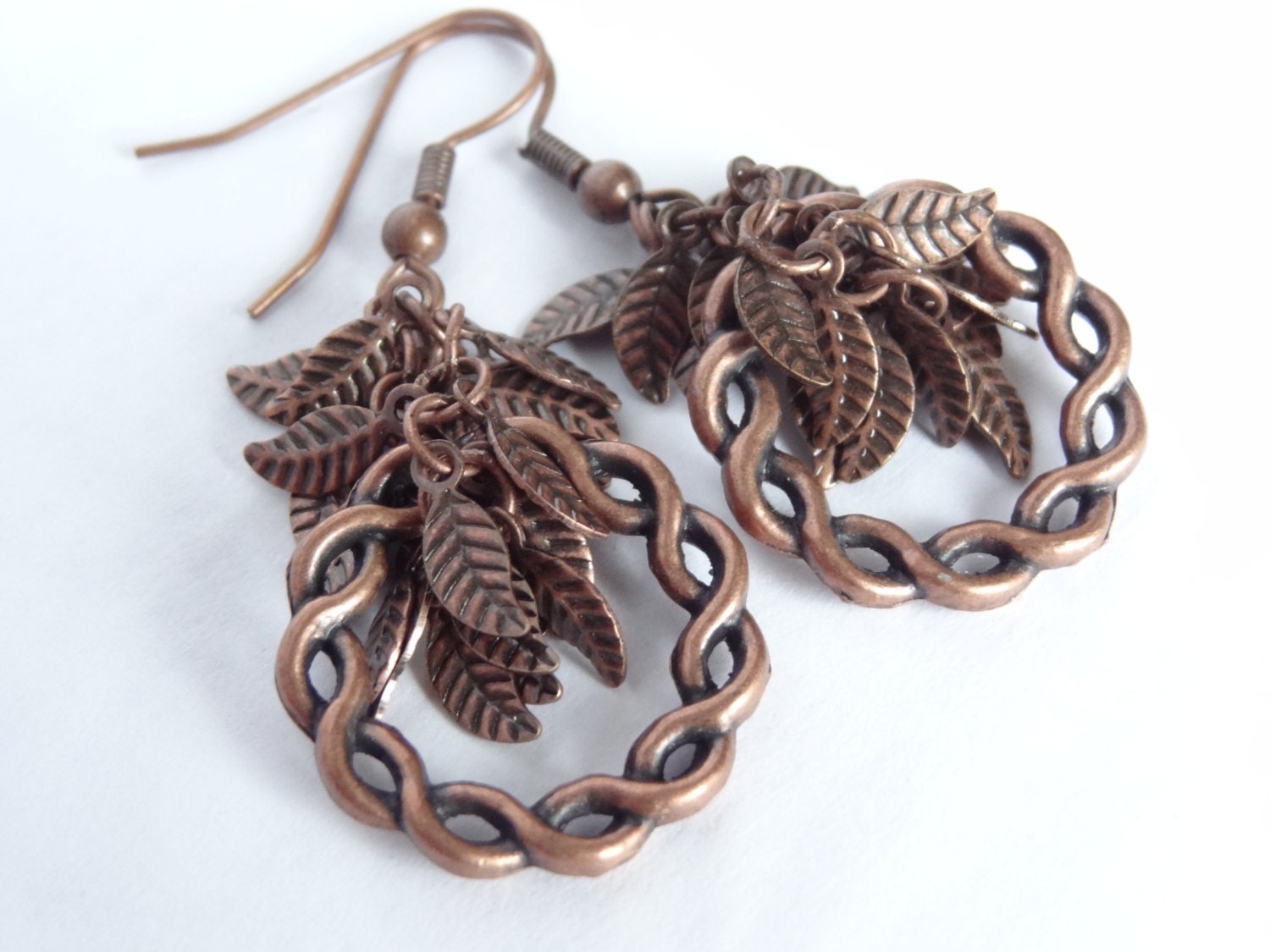 copper dangle earrings leaf chain twisted circle
