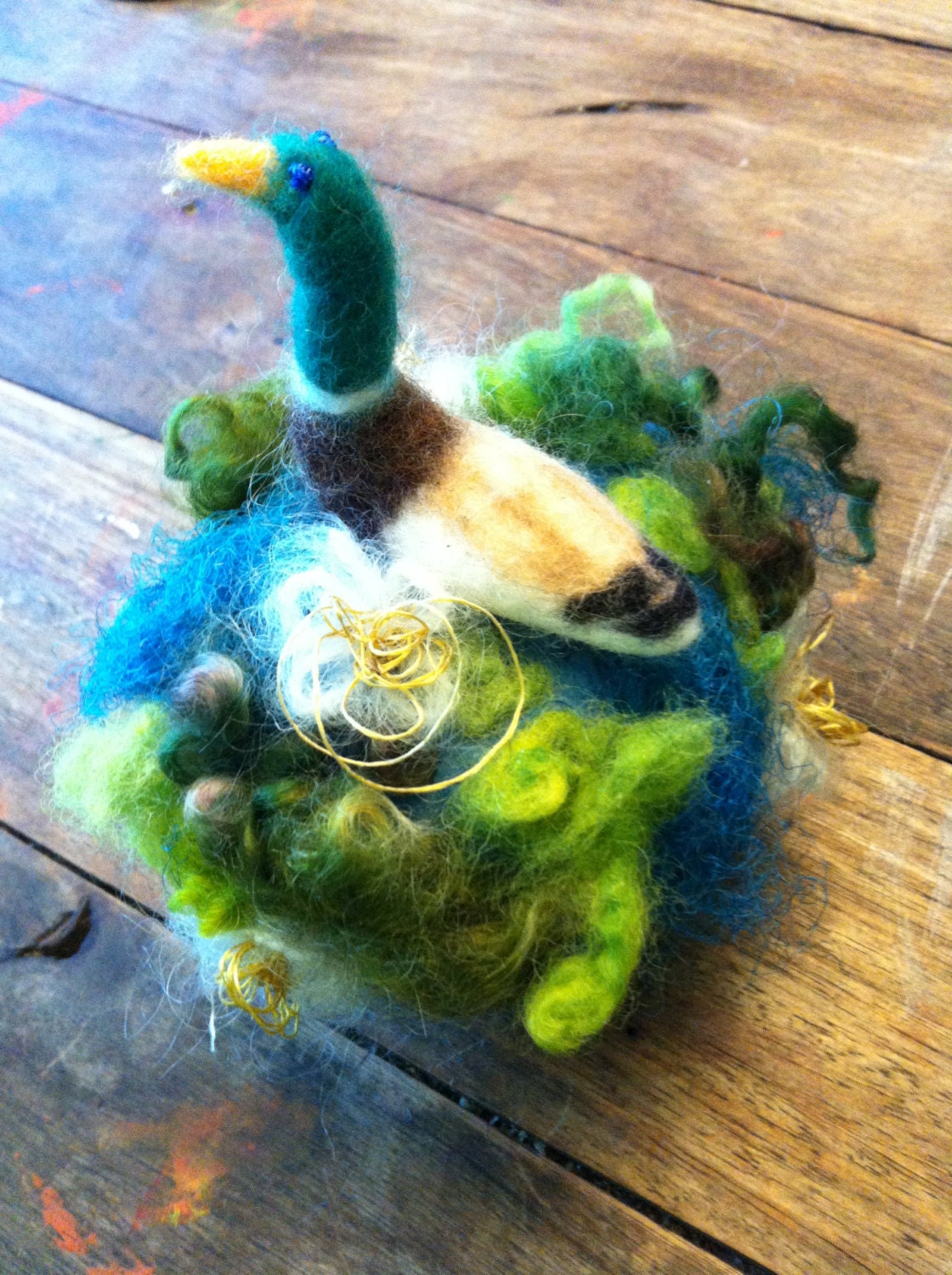hand felted needle felted mallard drake hand painted wensleydale wool locks pincushion gift for mum mother nan grandma