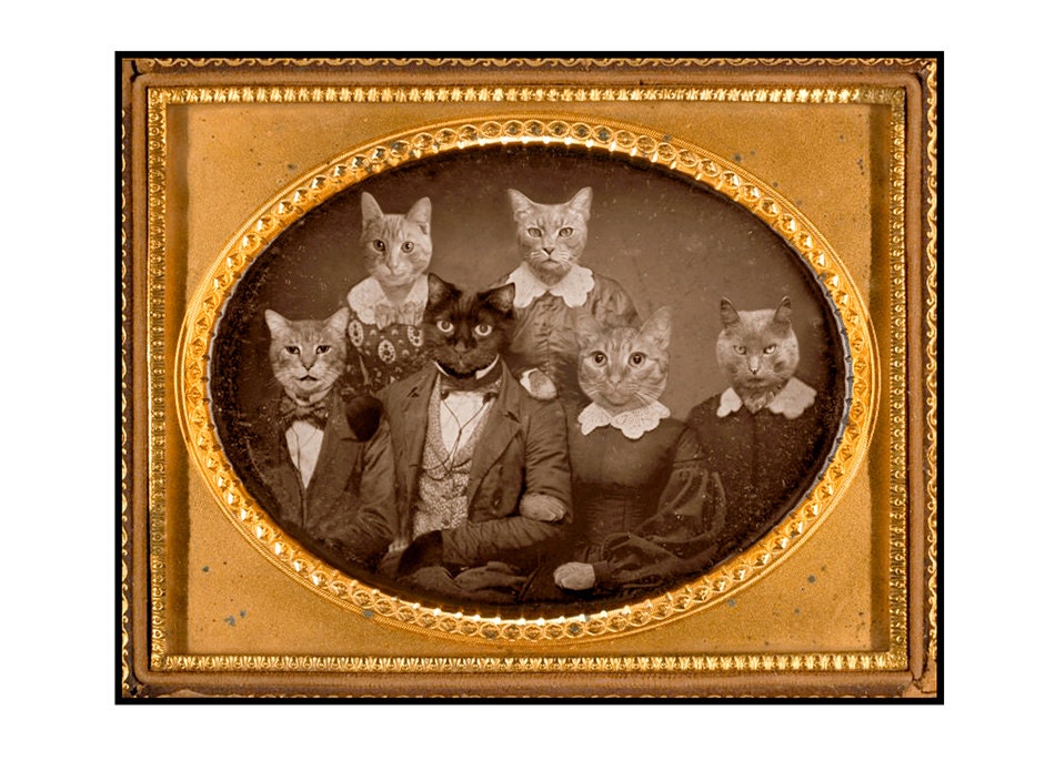 Cats, Altered Daguerreotype, Funny, Silly, Altered Art, Sepia, Brown, Gold,Greeting Card, Blank Inside