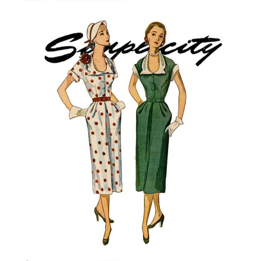 1950s Dress Pattern Simplicity 3572 Bust 34 Womens Vintage Sewing Pattern Detachable Collar and Cuffs Day to Evening Dress