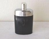 Large Glass Flask Black Leather Case Vintage 1950s Silver Colored Metal Germany