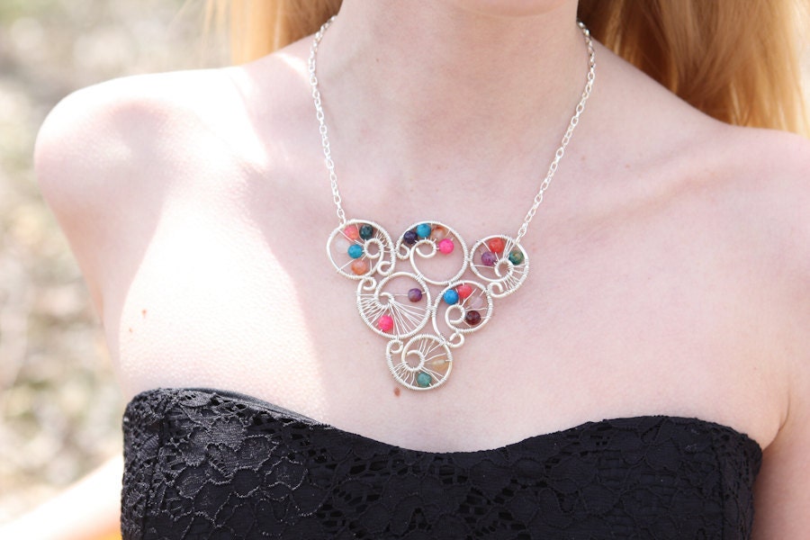 Fine Silver Wire Wrapped Faceted Candy Agate Necklace