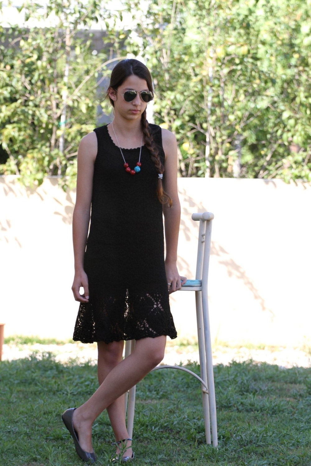 Black Lace knitted dress, Hand Knit Womens dress, Handmade Knit Clothing