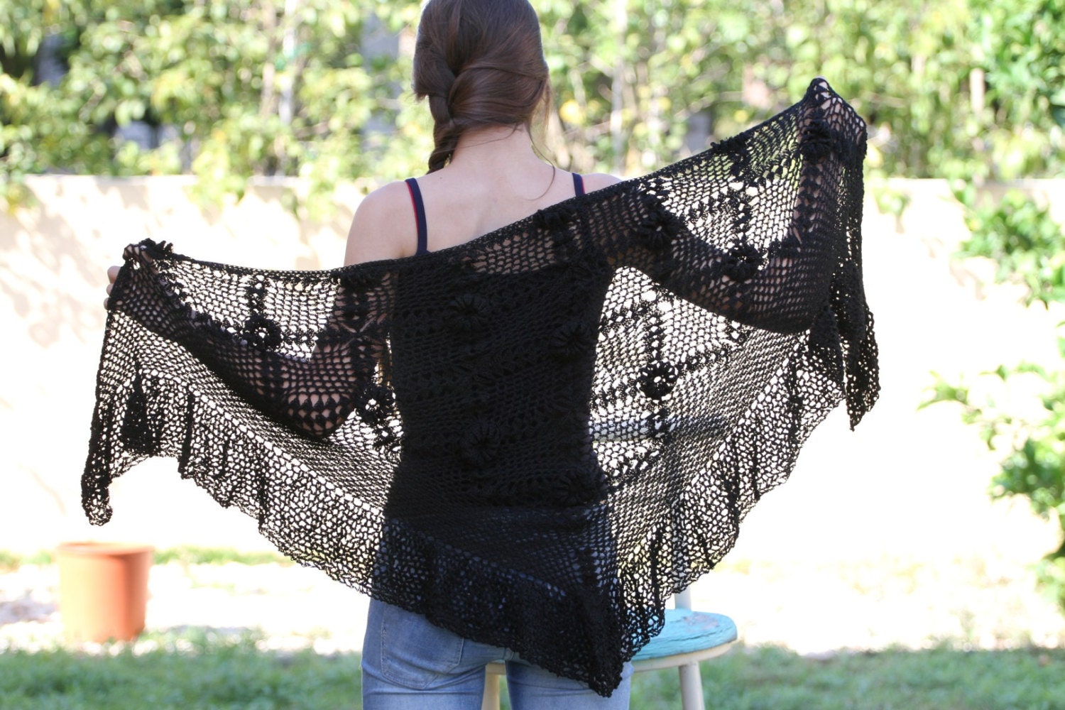 Scarf Rustic lace black knitting Wrap  Shawl