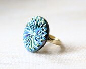 Turquoise Ring, Cerulean Green and Blue Swirl Textured Vintage Glass Adjustable Ring