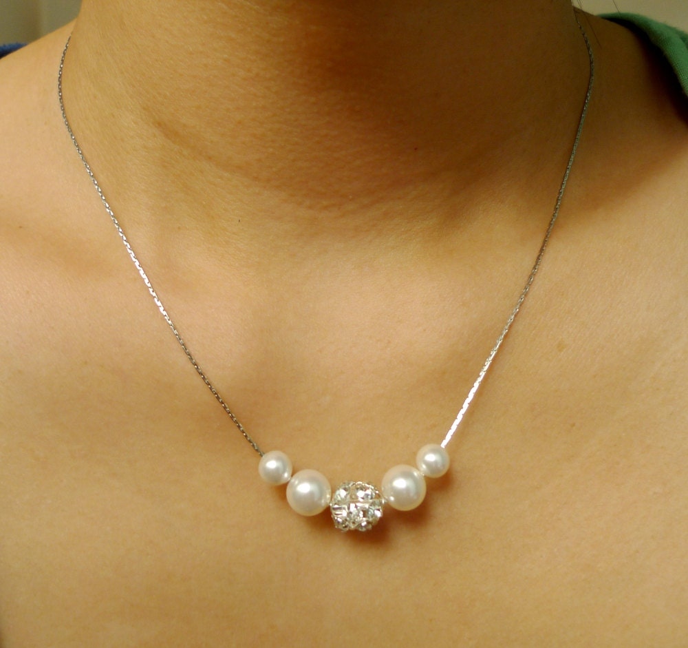 Bridesmaids Pearl Necklace- Sparkling Rhinestone Swarovski Pearl Silver Necklace - White Or Cream Pearl Necklace