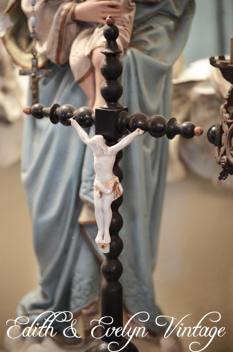 Antique French Crucifix, Ebonized Wood, Paris Porcelain Corpus, Priest Estate