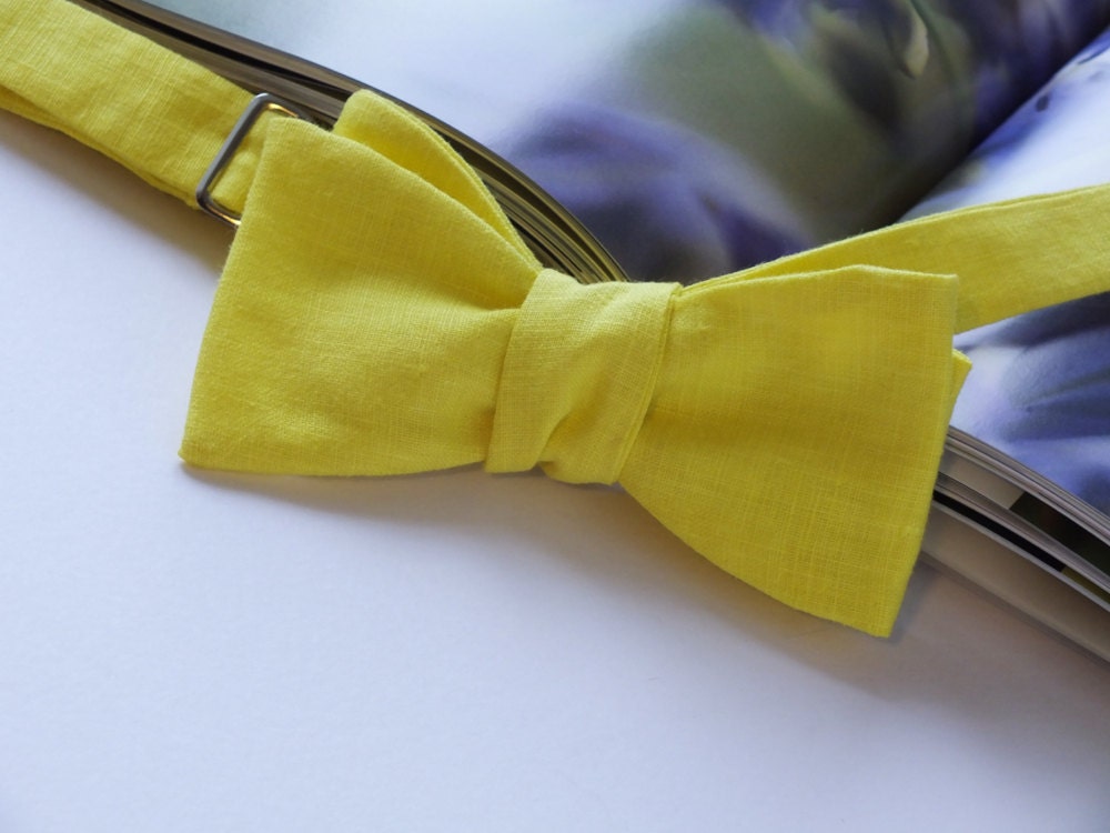 Linen Bow Tie, lemon yellow colour, freestyle, mens bowtie, self tie bow tie.