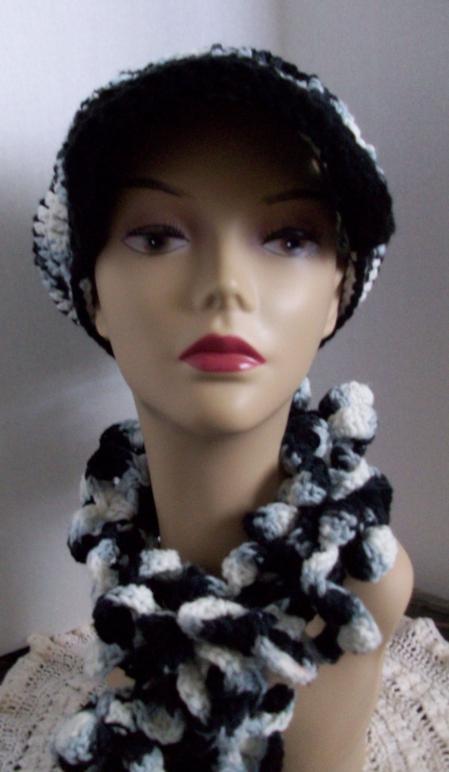 Hat and  Scarf set -  Brimmed beanie  -  newsgirl  -  acrylic - black - gray - white  - Flower petals - neck warmer  -  Women - Girls - Gift