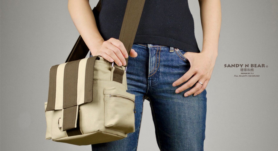 Design Messenger Camera Bag - Khaki - Coffee (Handmade / Cotton / Canvas / DSLR / Unisex )
