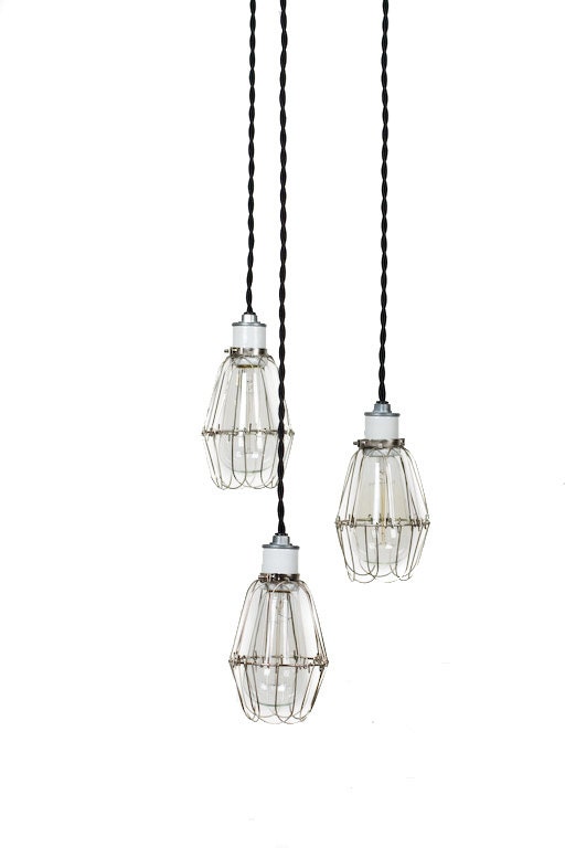 Modern Industrial Porcelain Socket Silver Caged 3 Light Chandelier