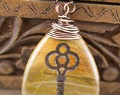 Keeper of the castle necklace-petrified wood engraved stone pendant