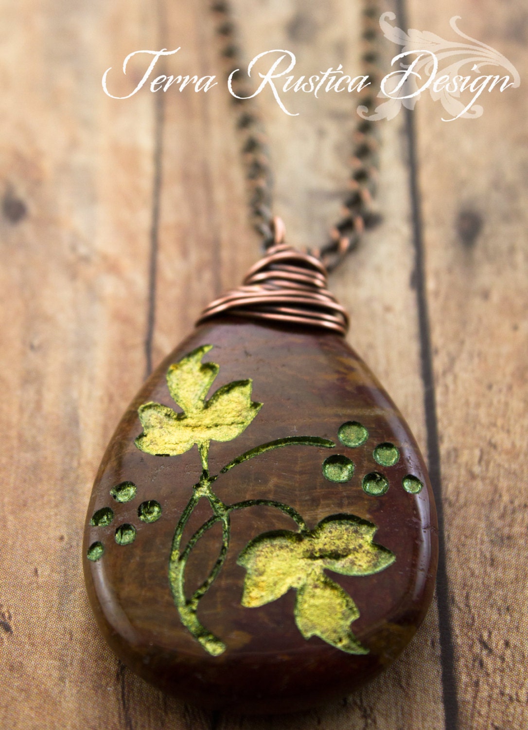 Grape leaves necklace-Petrified wood stone-Engraved pendant necklace