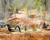 Rustic Blue Cabin with sheds on mountain hillside - red earth and green trees in the Blue Ridge Mountains a fine art photograph 12x17