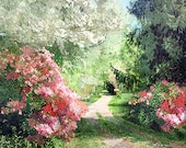 GARDEN PATH pink n violet flowers - pine tree lined path a beautiful nature landscape -Garden Art - waterecolor like- matted to 11x14