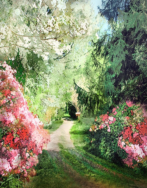 GARDEN PATH  flowers n pine tree lined path - pink white teal mint violet - nature - garden art - woodland- matted to 11x14 signed edition