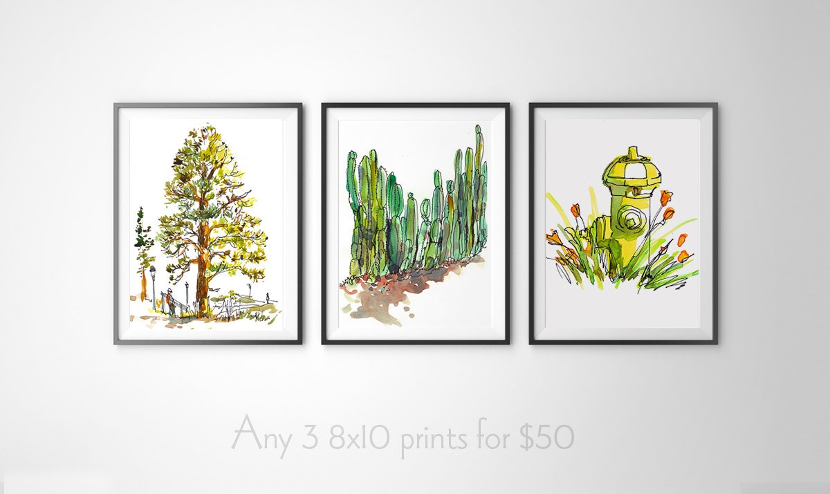 Any 3 8x10 sized prints for 50 dollars. Archival prints of original watercolor sketches