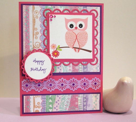 Handmade Happy Birthday Card, owl birthday card, pink and purple, girl, woman, women, sister
