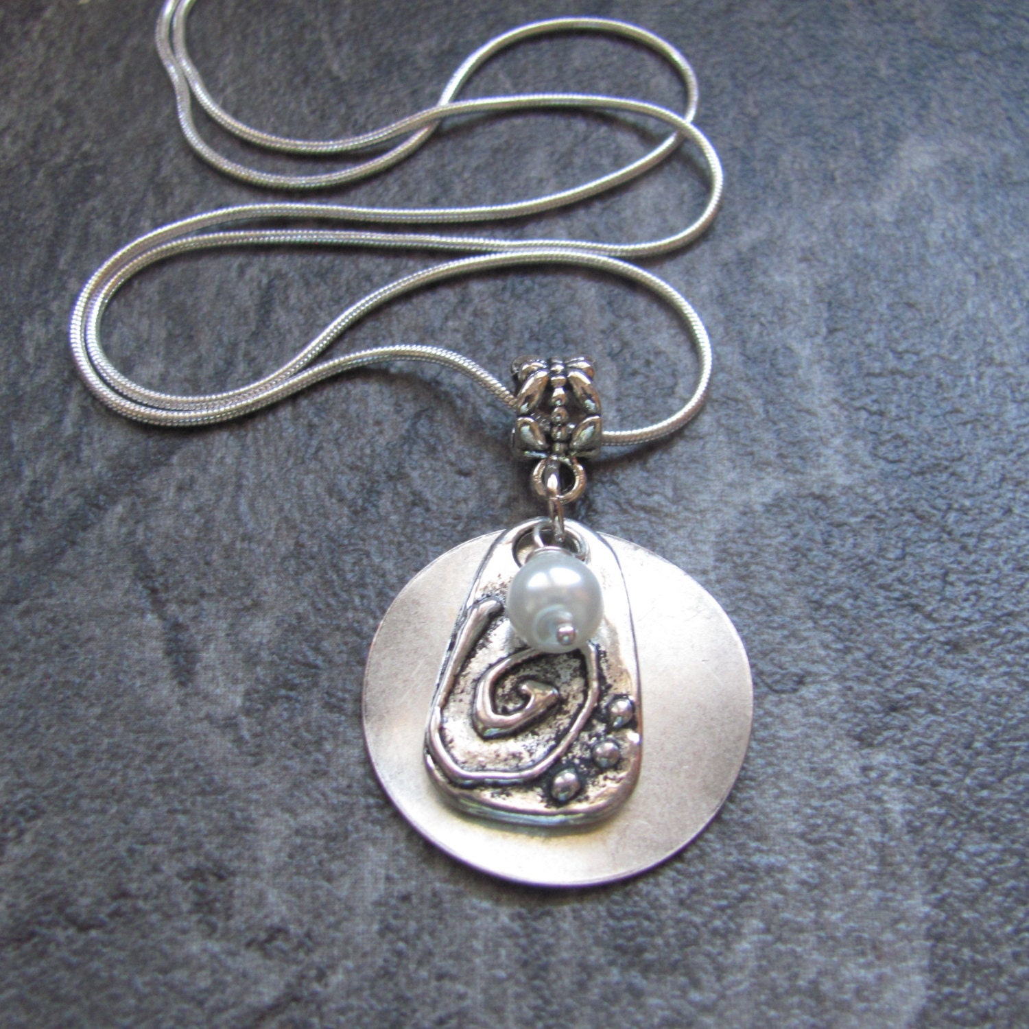 Antique Silver Plated Charm Necklace with Pearl