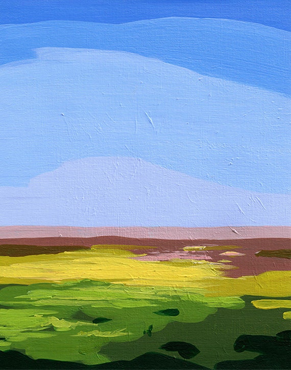 Morning Sunlight 11x14 Giclee art print, acrylic landscape painting, blue and yellow, field in the morning, living room art