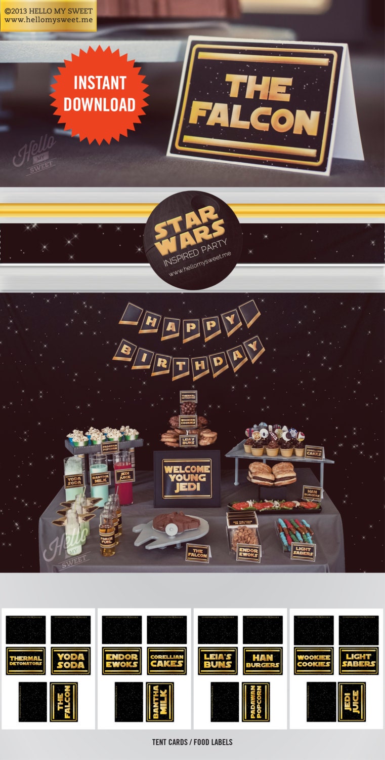 Star Wars Labels - INSTANT DOWNLOAD - Printable Birthday Party Decorations - Food Tags, Tent Cards - Black, Gold and Yellow
