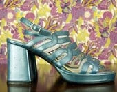 Vtg 90s Blue Metallic Chunky Sling Back Sandals Sz 7/7.5