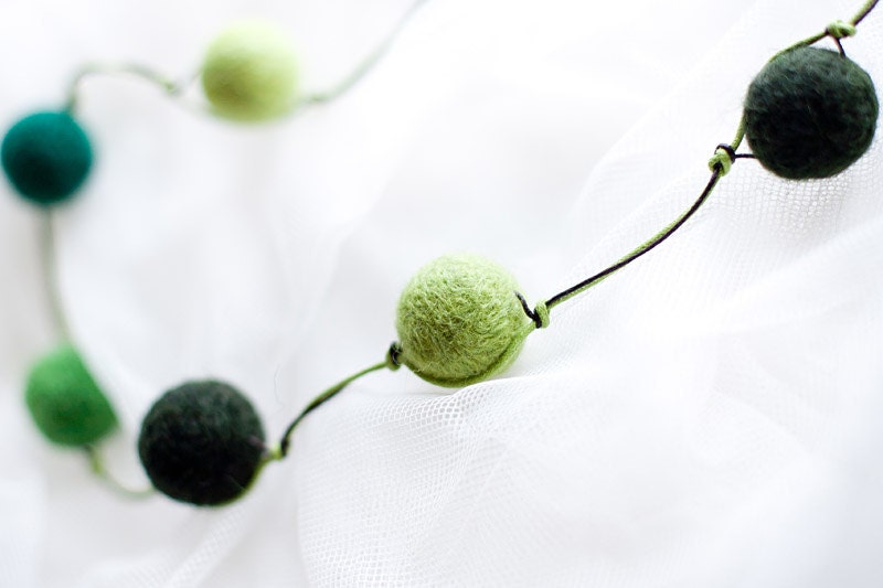 FREE SHIPPING Hand felted long necklace in shades of green (olive, khaki, lime). Felt fashion. Felted balls. Fiber art. Forest colors. - EttarielArt
