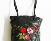 Vintage Black Leather Bucket Tote Bag with Stitched Detail