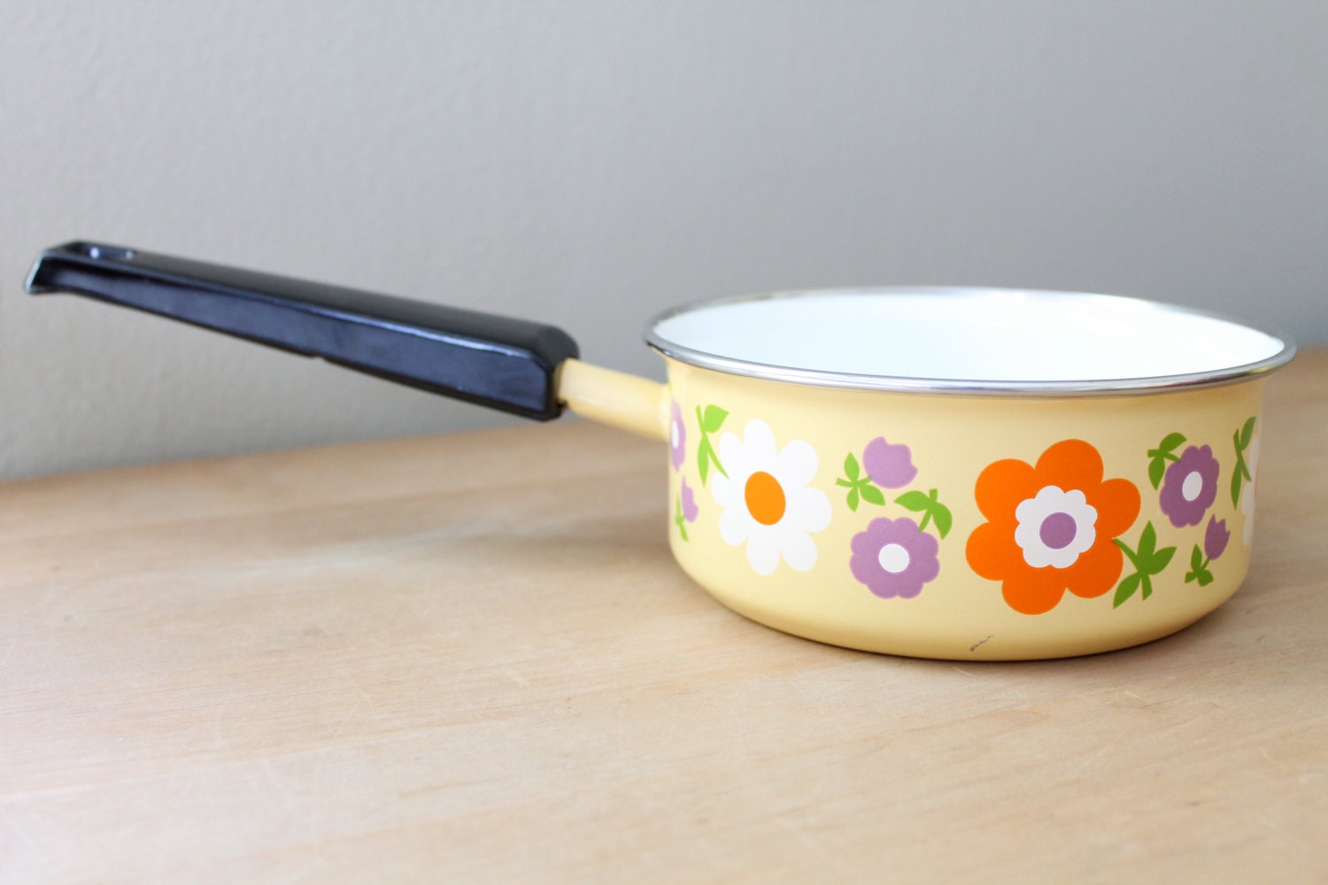 Yellow Enamel Flower Sauce Pan