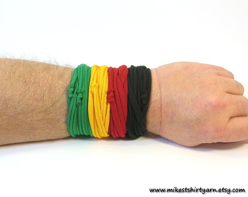 T Shirt Yarn Loops to wear as a Bracelet or Necklace - Rasta Colors - Upcycled Fashion