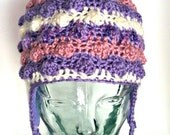 Crocheted bobble earflap hat with top pom and fleece lining