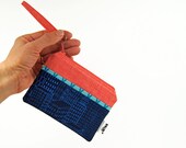 Mini Zip Pouch by MinneBites / Handmade Card Case - Coin Purse - Small Zipper Pouch - Blue Navy Coral Modern Bag, ready to ship