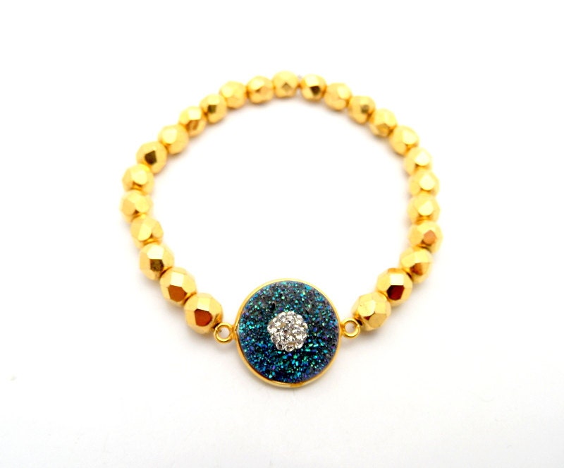 Druzy Bracelet with Swarovski Crystals and Shiny Gold Czech Glass Beads, Blue Charm Bracelet, Stone Bracelet, Druzzy Bracelet