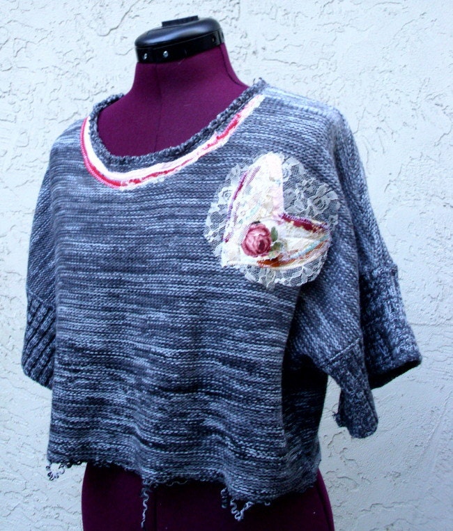 Eco Friendly Rustic Cropped Sweater Grey Tweed Urban Chic Mori Girls