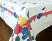 Vintage Square Tablecloth with Fruits Cherries, Apples, Pears, Plums Card Table Size Retro Kitchen Decor Primary Colors