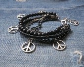 black multi strand charm bracelet, handmade, one of a kind / bohemian jewelry