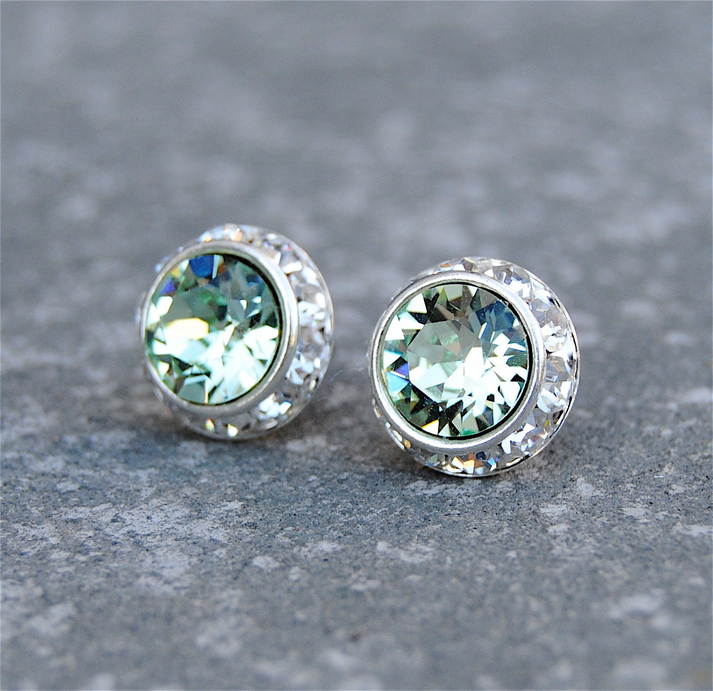 Celery Green Earrings - Small Silver Sugar Sparklers - Swarovski Crisp Celery Green Rhinestone Vintage Stud Earrings - Mashugana