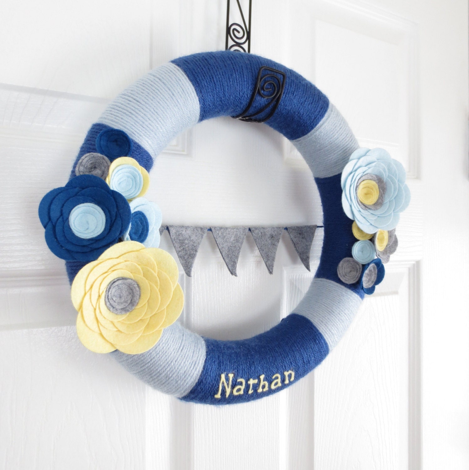 Nursery Yarn Wreath. Baby Boy Shower Gift. Personalized Gift, Yarn Wreath with Bunting. Blue, Yellow and Grey. 12 Inches.