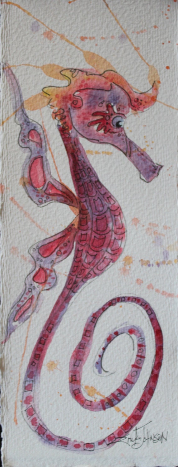 Whimsical Sea Horse Original Water Color Painting approx. 5 x 13 inches - Coastal - Beach Art - Condo Decor Ocean