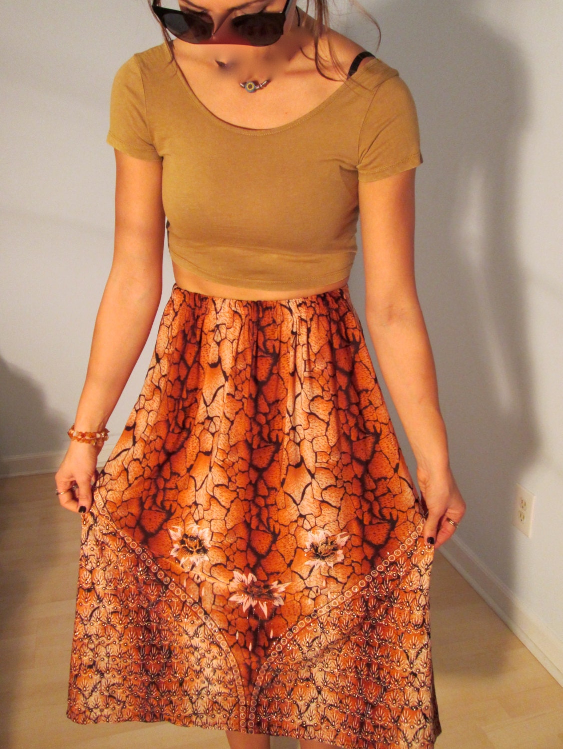 Handmade Skirt Vintage OOAK XS S M Burnt Orange Desert Black Rust Festival Skirt Boho Hippie Gypsy