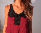 Maroon Paisley Black Lace Cropped Tank XS S Psychedelic Goth Grunge Boho Hippie Gypsy Club Kid Acid Grunge Floral Festival Crop Top