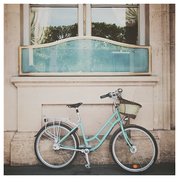 mint green paris bicycle photo print - whimsical fine art photography, europe, building, bike, blue, turquoise - 12x12