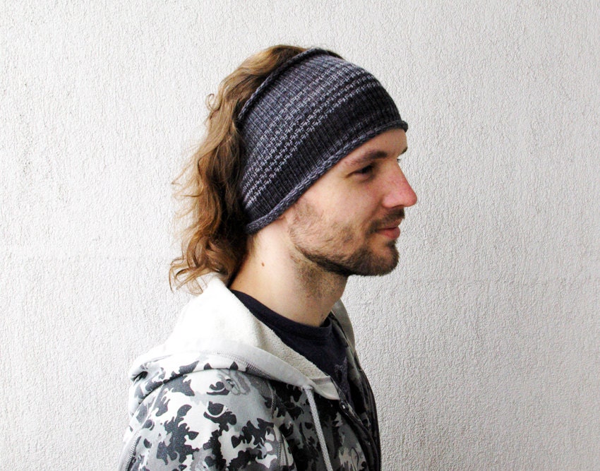 Knitted Mens Headband Guys knit hair wrap - grey Unisex Adults Dread band.