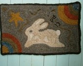 Primitive  Hand Hooked Wool  Rug    Original Design  HOPPIN' BUNNY 13" x 20"  Free Shipping